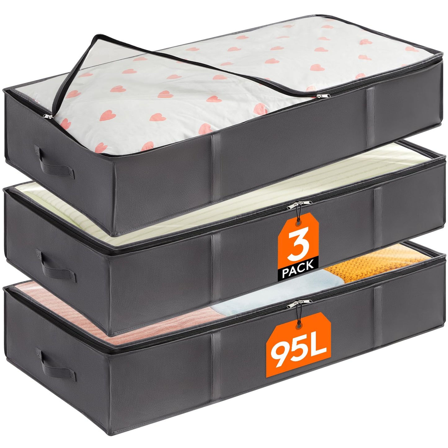 Lifewit 3 Pack 95L Under Bed Storage, Underbed Storage Boxes with lid Clothes Storage Bag Wardrobe Storage Organiser with Reinforced Handle