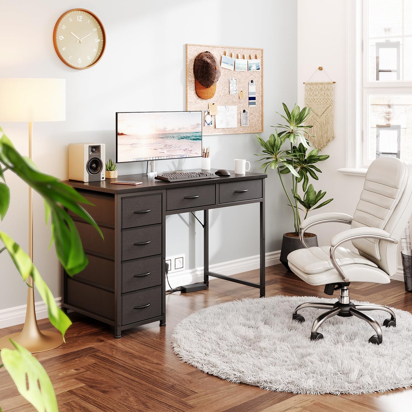 MUTUN 100x48 cm Desk, Small Computer Desk with 6 Fabric Drawers, Reversible Home Office Desk with Adjustable Feet, Work Desks for Office, Study