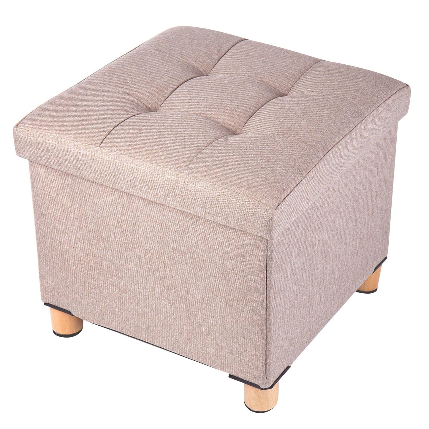 BRIAN & DANY Folding Ottoman Storage Box with Wood Legs, Linen Foot Stool, Footstool with Storage, Highly Elastic Sponge Filling, Beige, 38 x 38 x 38