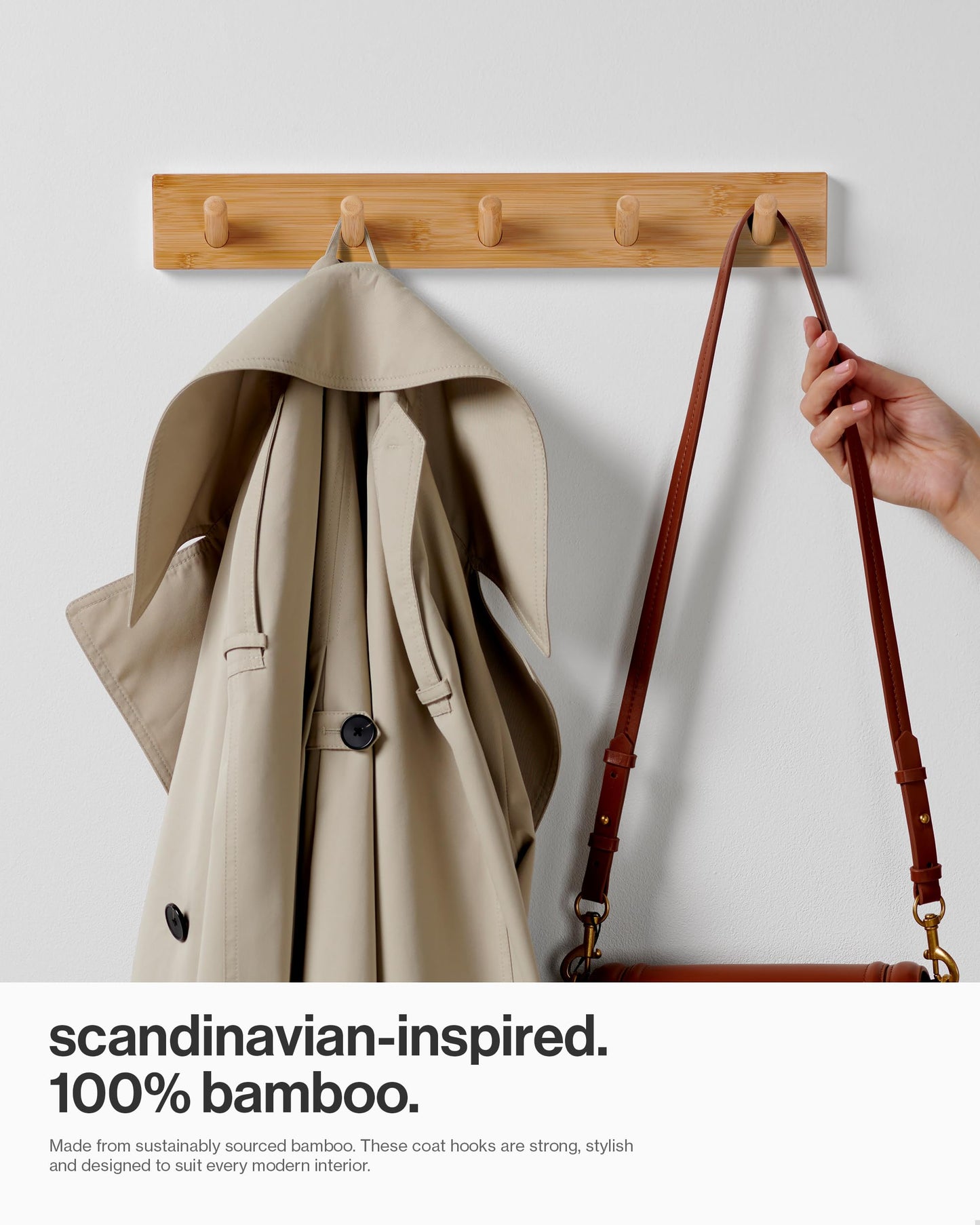 LARHN Wooden Wall-Mounted Coat Rack, 2-Pack - 5 Coat Hooks, 43cm