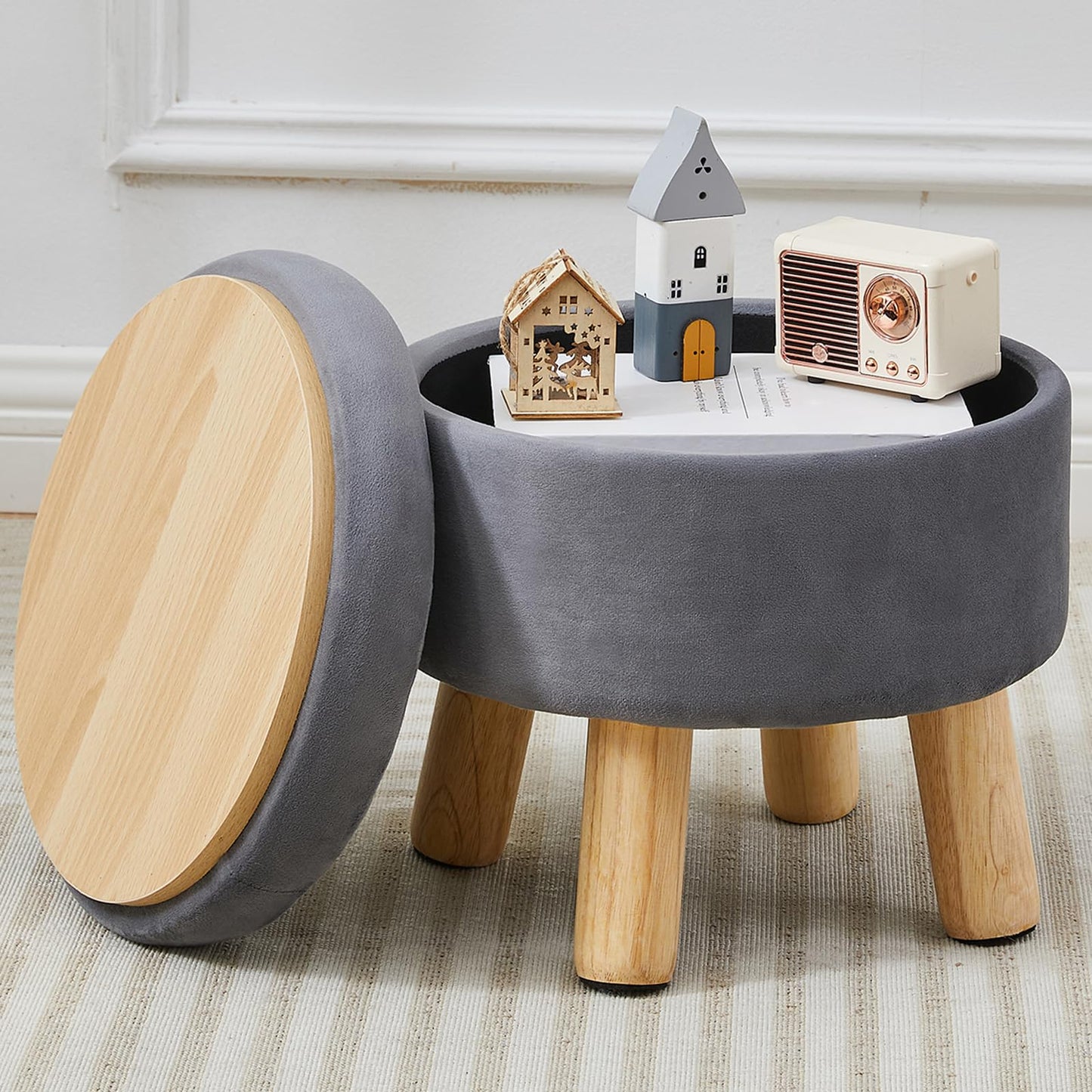 BRIAN & DANY Footstool with Storage, Small Storage Ottoman, Velvet Round Stool with Lid, Foot Stool with Legs for Living Room Entryway, Gray