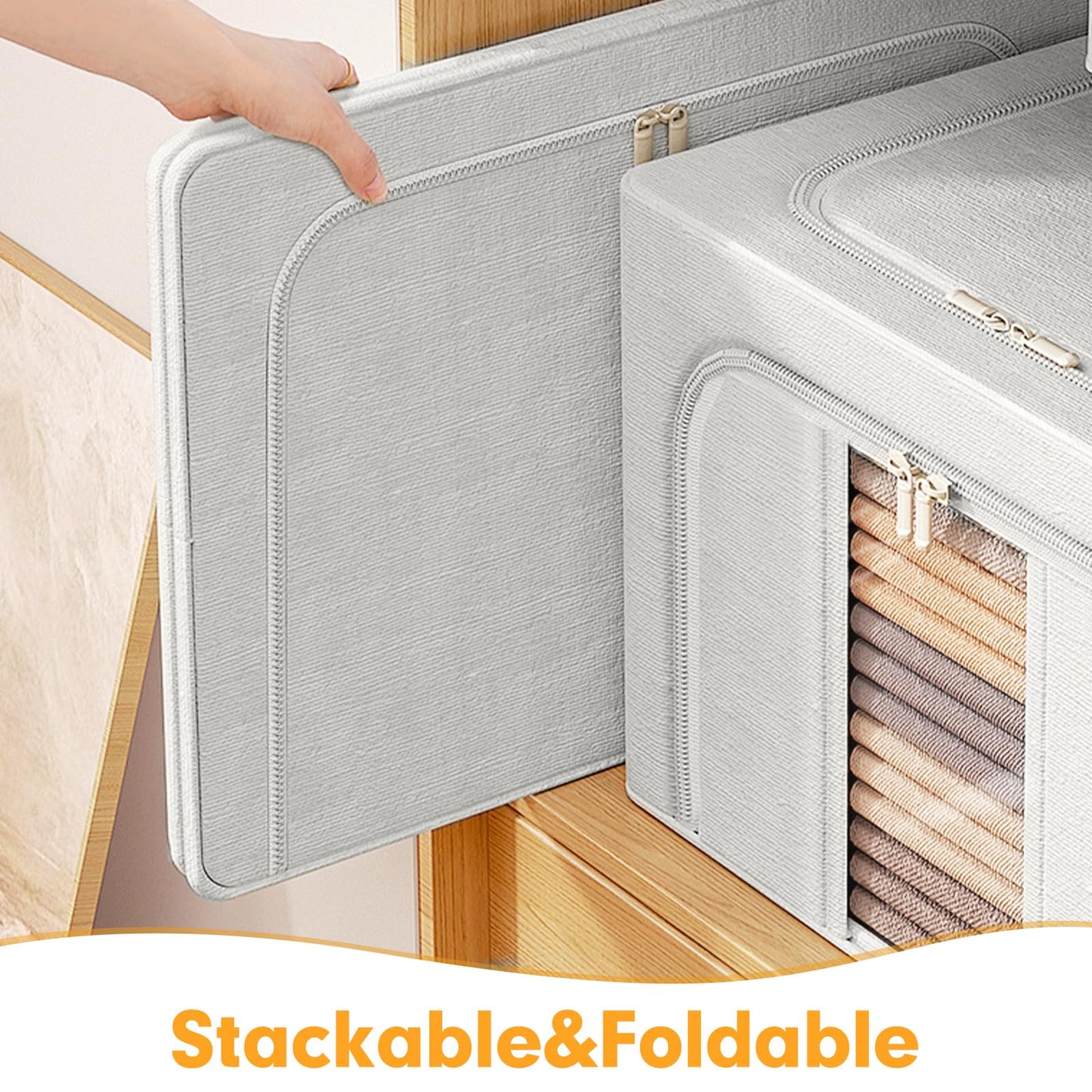 AIOR 3PCS 100L Clothes Storage Bags with Metal Frame, Foldable Fabric Storage Boxes with Clear Windows for Blankets Bedding Comforters