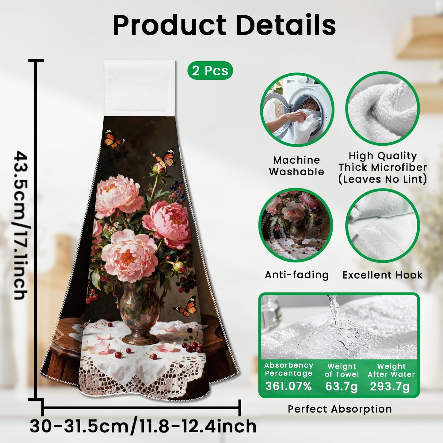 CUTHOLLOW 2 Pcs Pink Flower Oil Painting Hanging Kitchen Towels with Loop