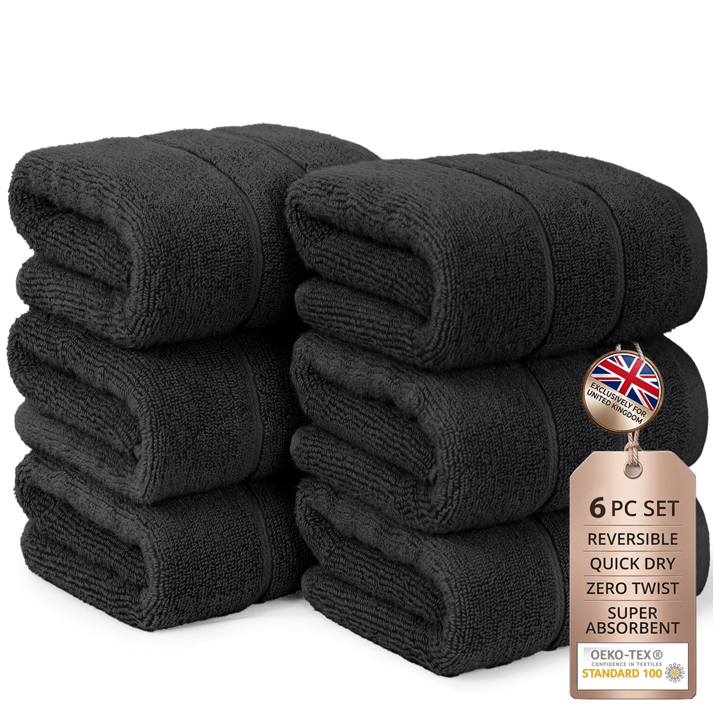 Hand Towels Set of 6 Quick Dry |100% Cotton I Zero Twist | OEKO-TEX | Black