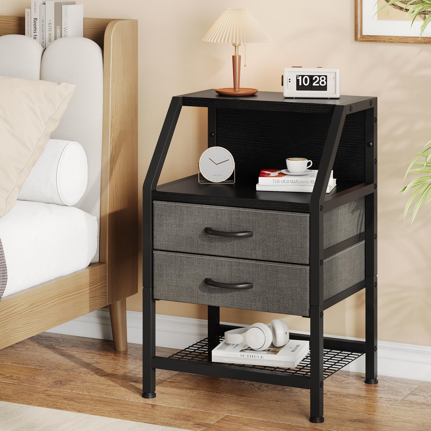 Feonase Bedside Table with 2 Fabric Drawers, Bedside Cabinet With 3-Tier Storage, Sturdy Metal Frame, Living Room Modern, Deep Grey
