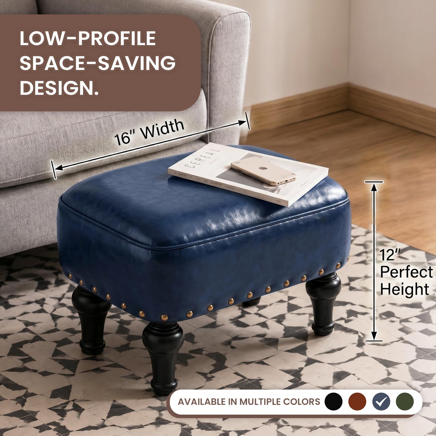 Cmishe Ottoman Leather Foot Rest with Thicker Foam Padded Seat, Footstool with Wooden Legs