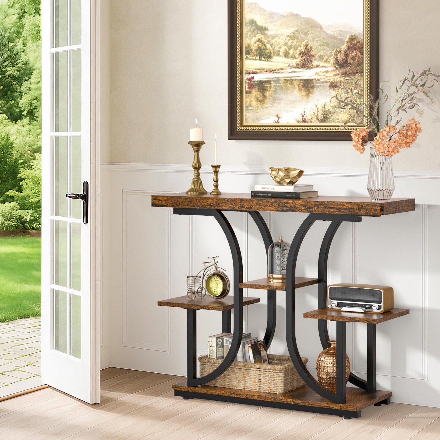 ikkle Console Table, 37'' Hallway Table Behind Sofa Table with Curved Base, Industrial 4-Tier Narrow Wood Slim Console Table with Storage for Living