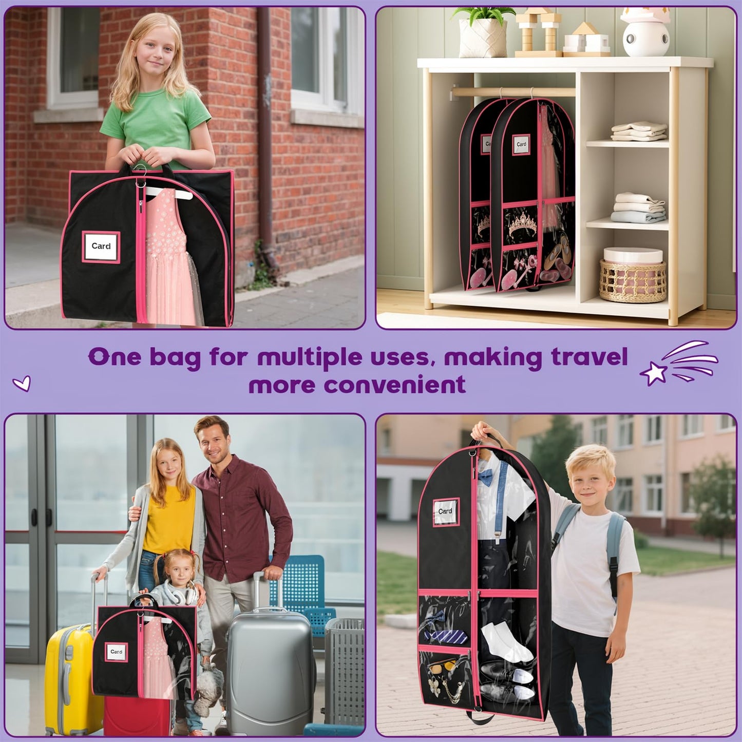 Costume Garment Bags for Dancers, Garment Bags with 3 Clear Zipper Pockets, Clothes Covers Protector Bags for Suits, Travel & Sports Jersey