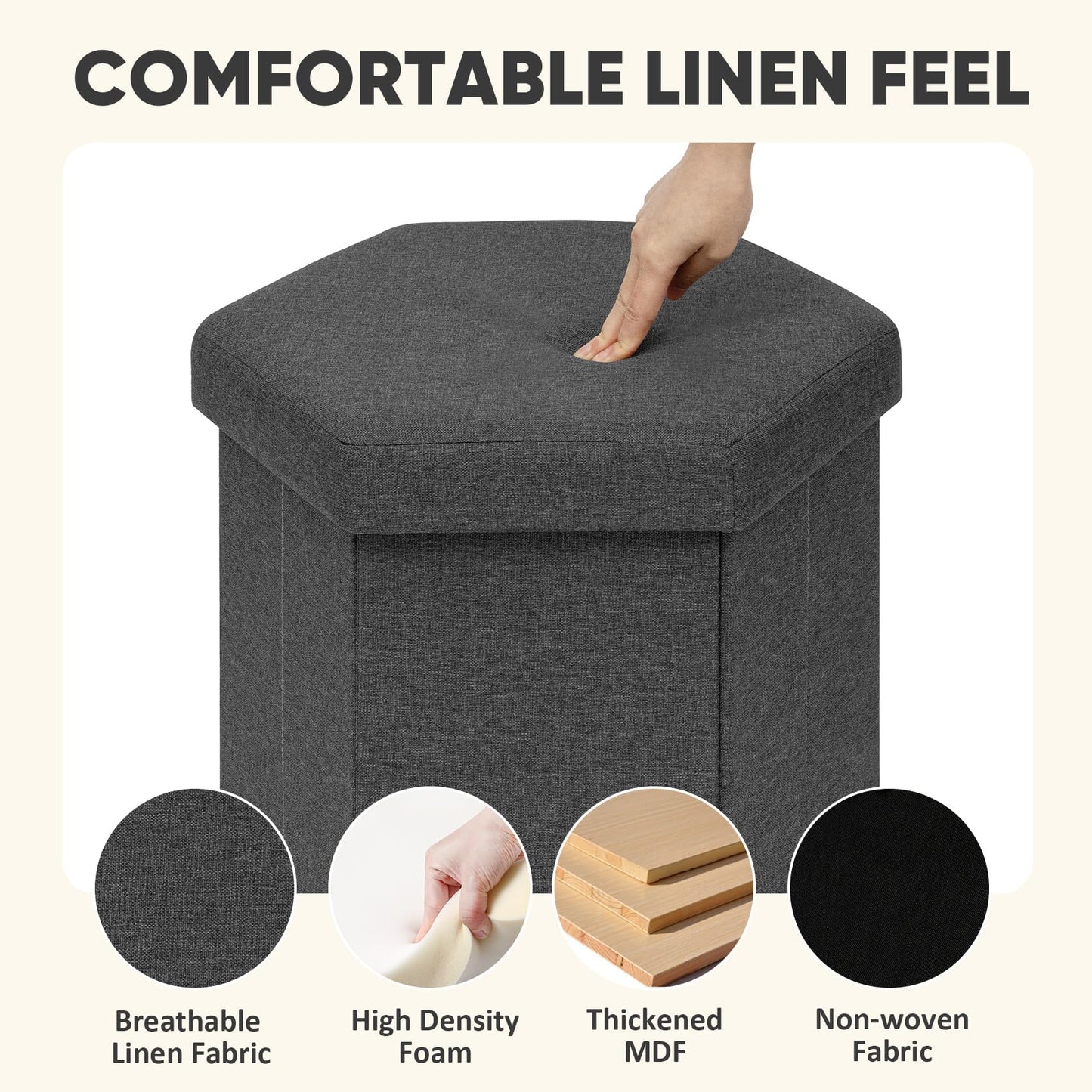 PINPLUS Folding Storage Ottoman, Linen Hexagonal Footrest, Dark Grey