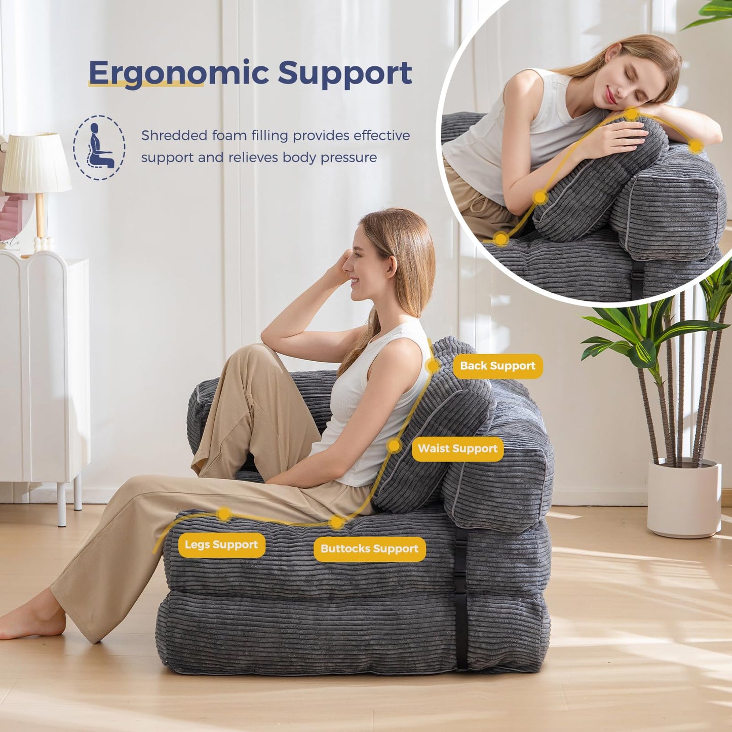 MAXYOYO Foldable Sofa Bed,Bean Bag Couch Convertible Sleeper Chair with Armrest L-Shaped Floor Lounge Sofa with Pillow Portable Lounge Seat for