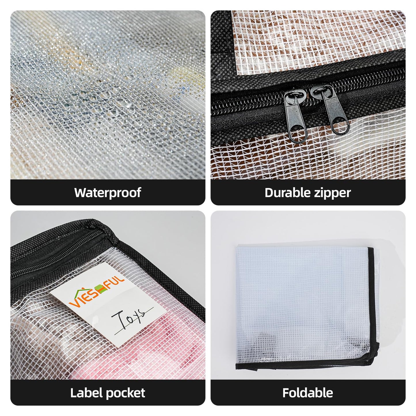 Vieshful 6 Pack Clear Storage Bags with Label, 40L Foldable PVC Mesh, Black