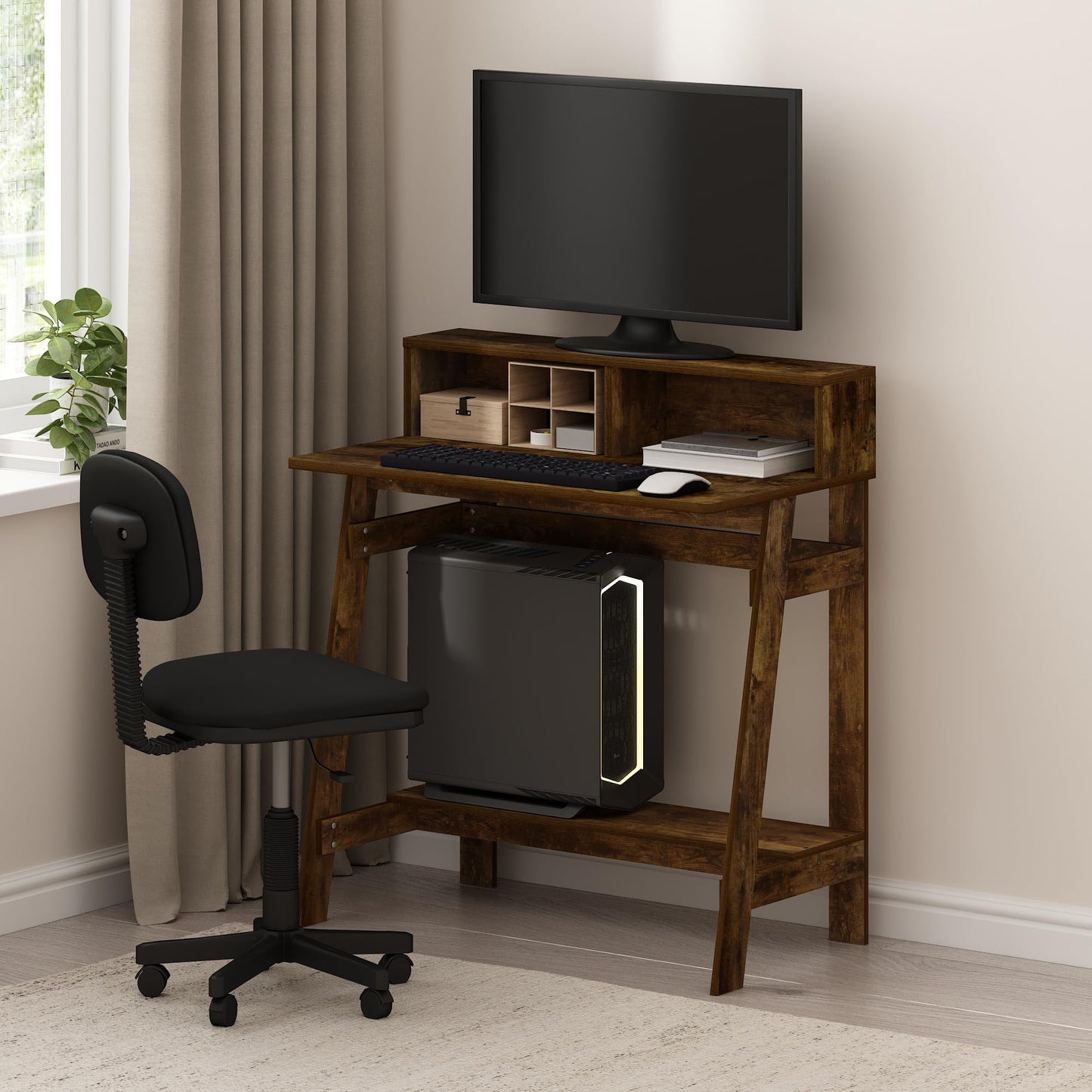 Furinno SIMPLISTIC Desk, Gaming Desk with Monitor Stand, A Frame Computer Desk, Office Desk for Home Office, Bedroom, Study Room, Dorm, Amber Pine