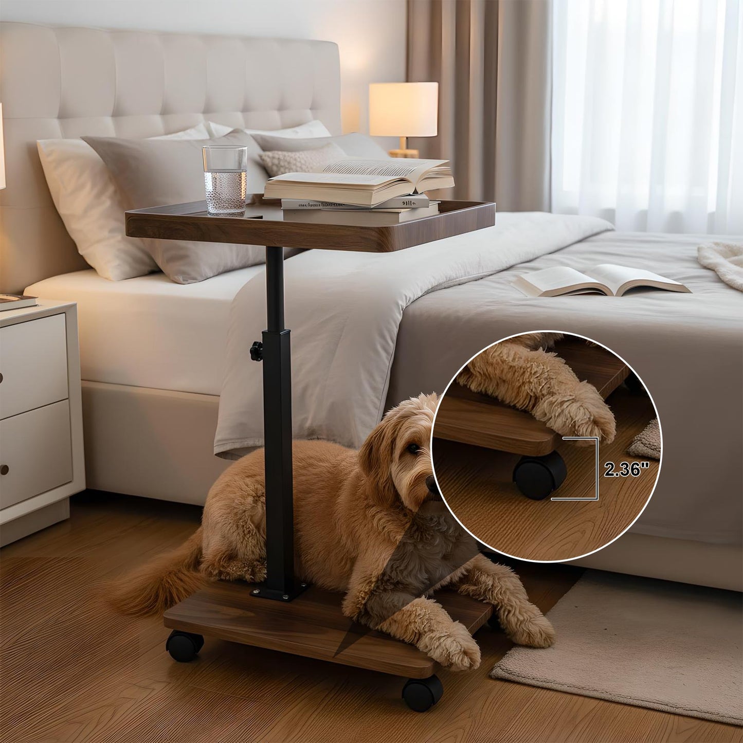 YYW C Shaped Side Table, Height Adjustable Bedside Table with Wheels, 360°Swivel Sofa End Tables, Wooden Coffee End Table for Living Room Bedroom