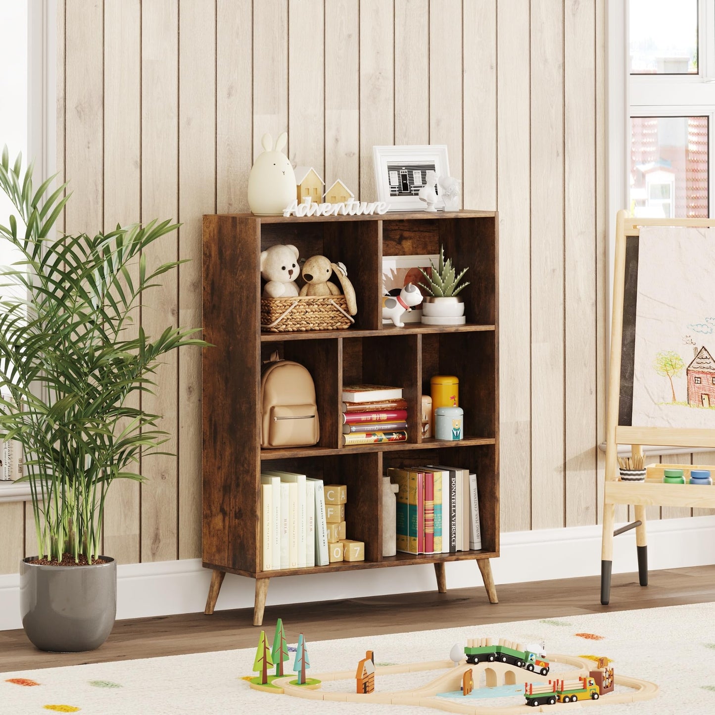 CAIYUN 7 Cube Bookshelf, 3 Tier Modern White Bookcase with Legs, 31 inch Wooden Book Shelf, Toy Storage Organizer