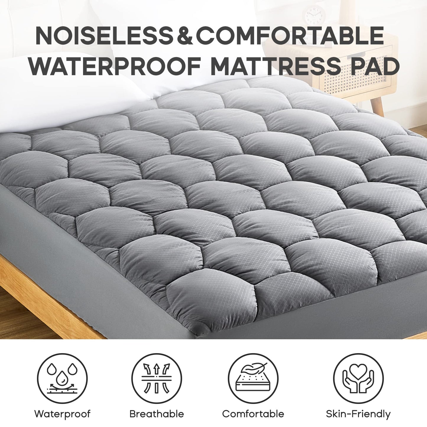 SONIVE Waterproof Mattress Topper Ultra Fluffy Soft Pad Breathable Noiseless Fitted Mattress Thick Protector Premium Alternative Filling Topper for
