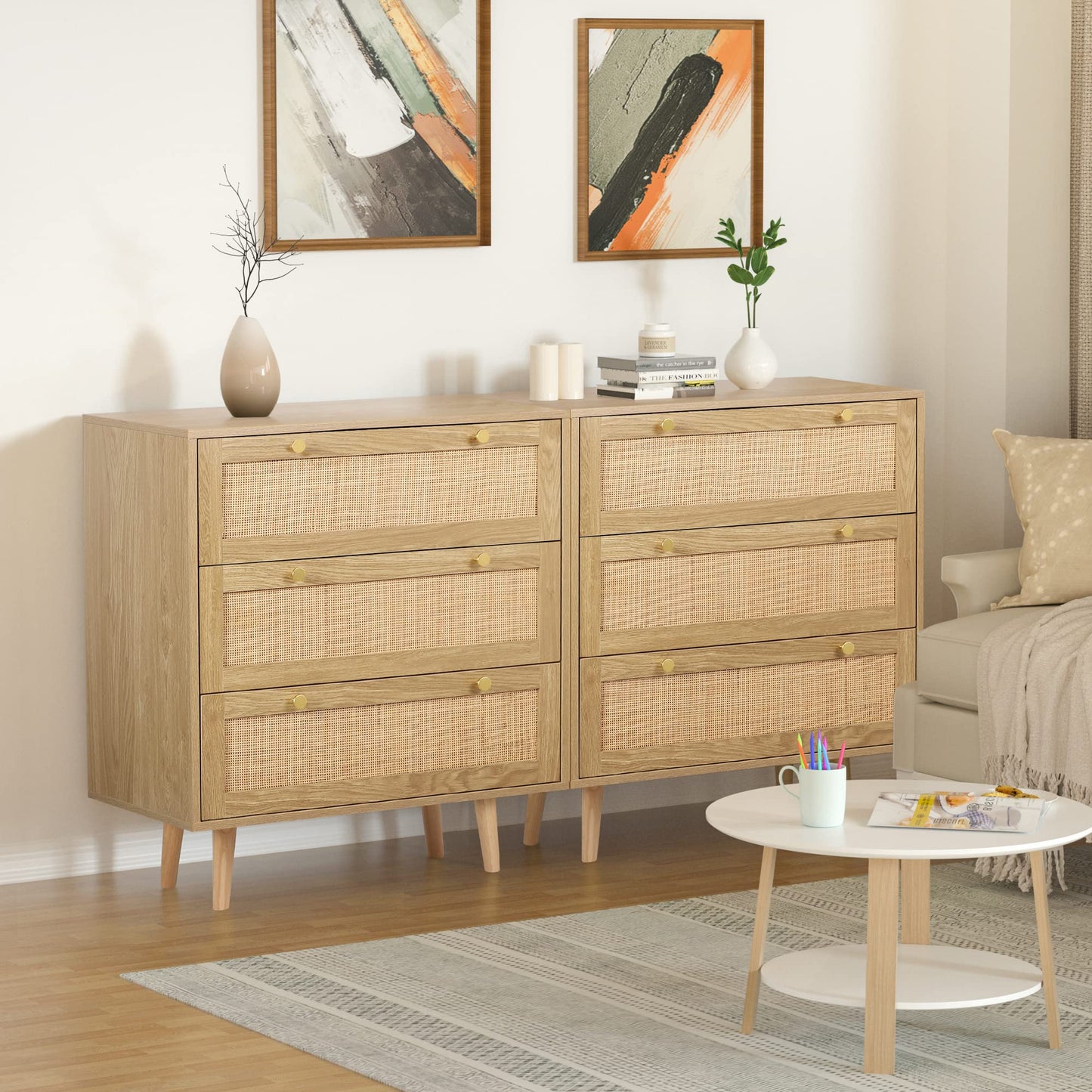 Skokliz Tall Chest of Drawers Bedroom, Rattan Slim Chest of 3 Drawers Clothing Storage Cabinet Cupboard Storage Organiser Unit Bedroom Furniture