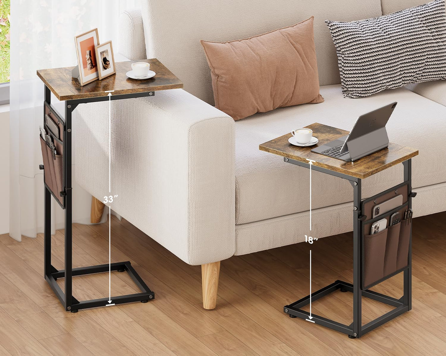 Vagusicc C-Shaped Side Table, Height Adjustable Sofa Side Table, Bedside Table with Cloth Storage Bag, C Tables End Table for Small Spaces