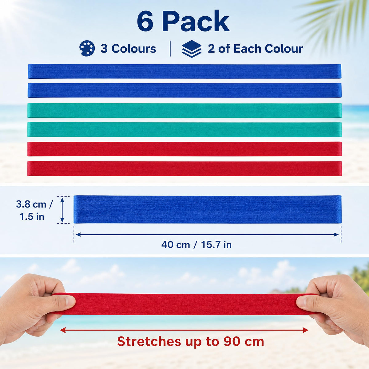 Xiansini Towel Straps for Beach Loungers 6PCS Blue Green Red Polyester 40x3.8cm, Beach Towel Bands for Sun Loungers Pool Cruise Chairs