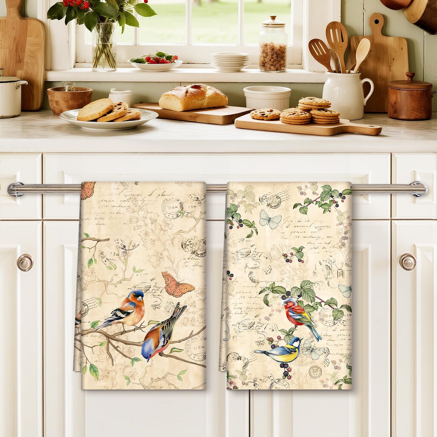 Arquiel Retro Birds Tea Towels, 100% Cotton Kitchen Towels, Set of 4