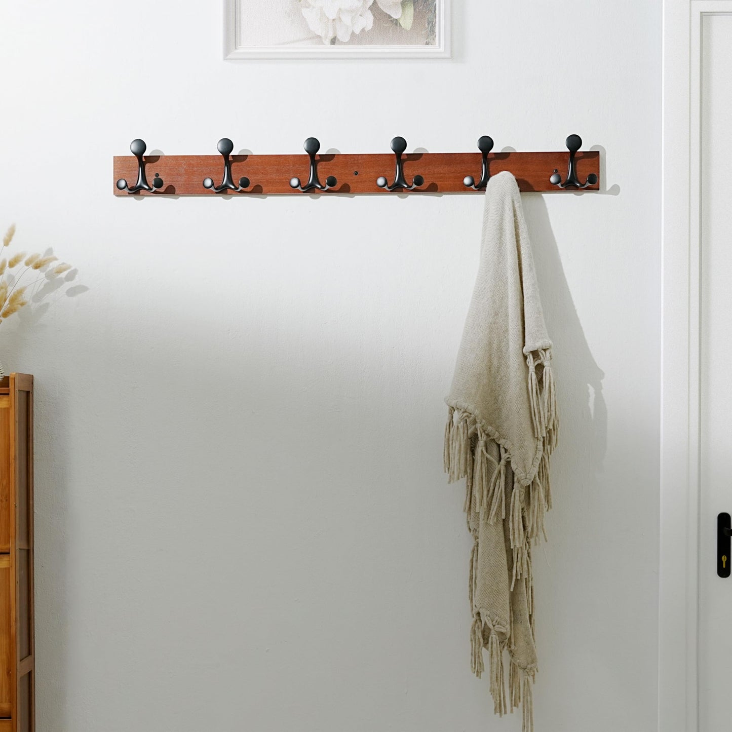 SKOLOO 99cm Cherry Wood Coat Rack Wall Mount with 6 Triple Hooks - Ideal for Family Entrances, Classrooms, and Pet Supplies Storage