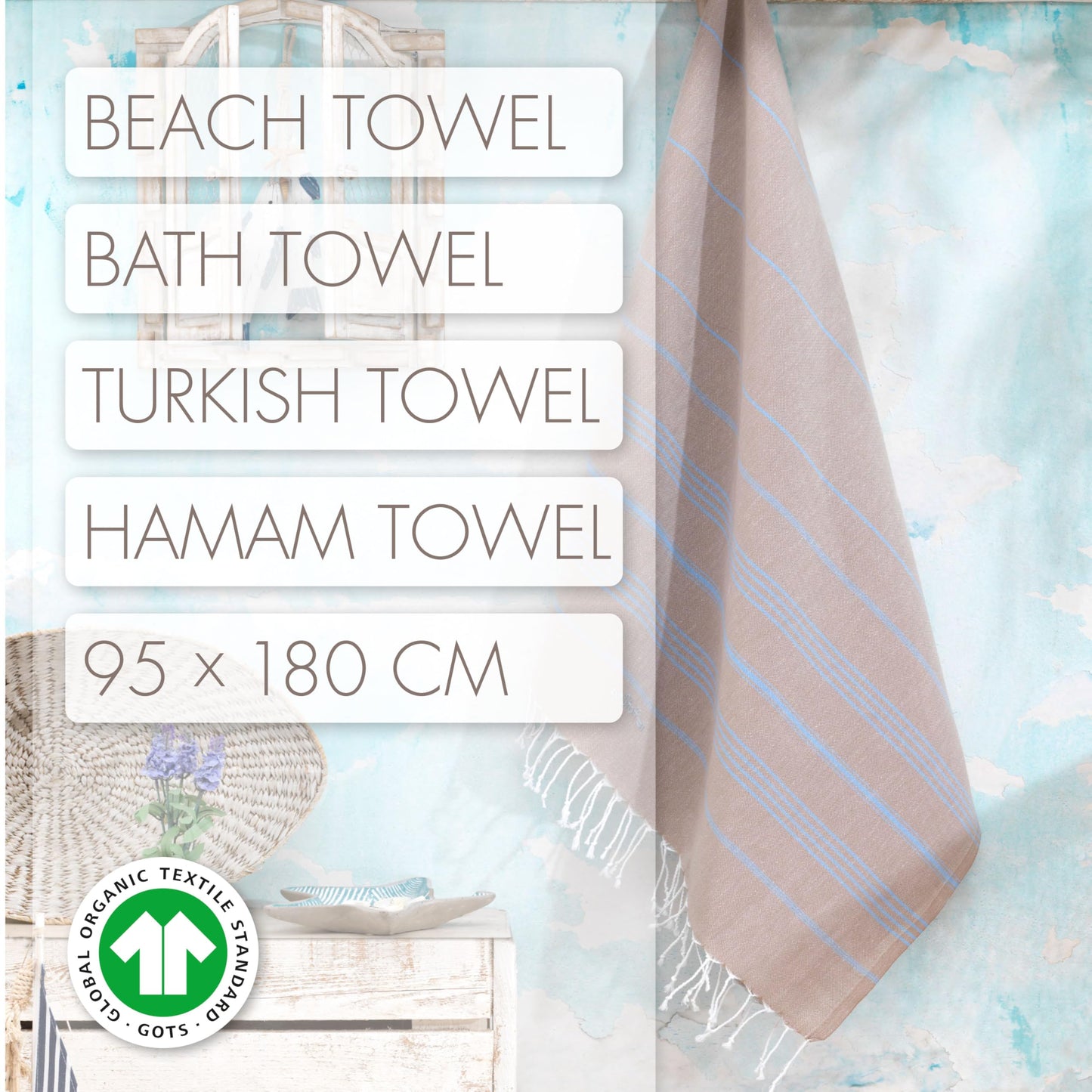 LeStoff Hammam Towel, Beach Towel, Organic Cotton, 95x180, Beige/Light Blue
