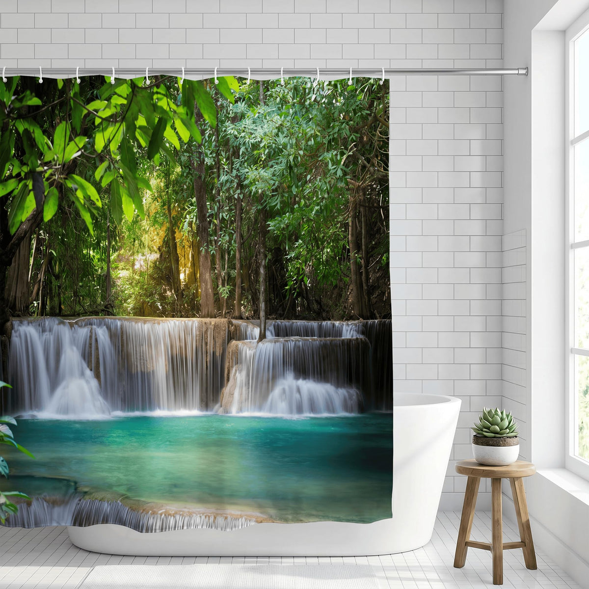 goodbath Garden Shower Curtain Outdoor Waterfalls, 3D Nature Scenery Landscape Forest Trees Bath Curtains for Bathroom Fence Wall, 180 x 180 cm
