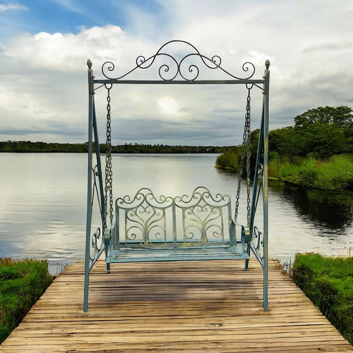 Durable & Stylish Blue Gold Metal Swing Chair Garden Hammock 2-Seater - Outdoor Patio Bench with Adjustable Chains, Rocking Motion & Weather-Resistant Finish use for Garden Relaxation