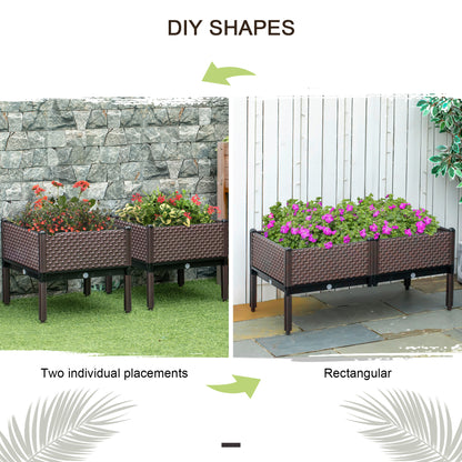 Outsunny Set of 2 Indoor/Outdoor Planter Boxes | Garden Raised Elevated Beds, Flowers Vegetables Fruits Herbs Container w/ Self-Watering Design Drainage Holes, Brown