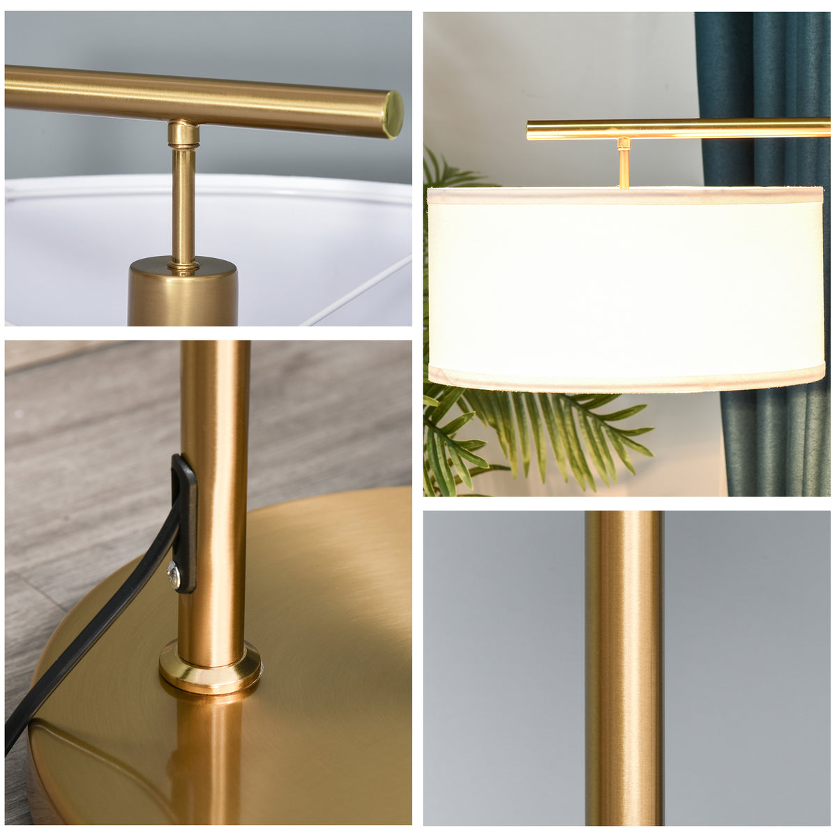 HOMCOM Floor Lamp, Modern Standing Lamp with Linen Lampshade, Round Base for Living Room, Bedroom, Dining Room, 153cm, Gold Tone and White
