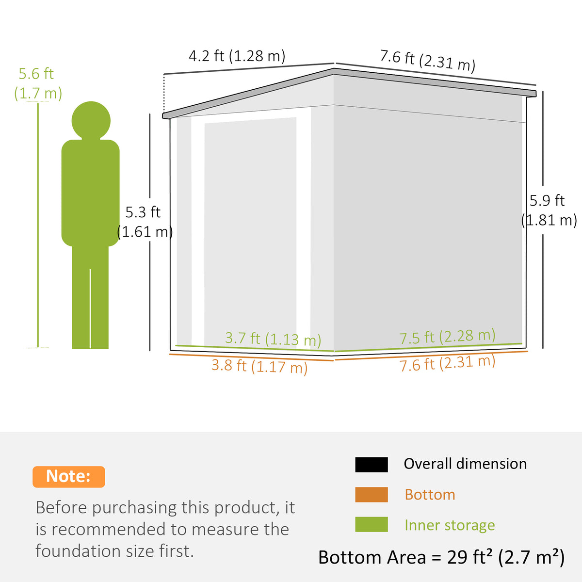 Outsunny 7.6 x 4ft Lean to Garden Metal Shed, Outdoor Storage Shed with Window, 2 Vents and Lockable Door for Garden, Dark Grey