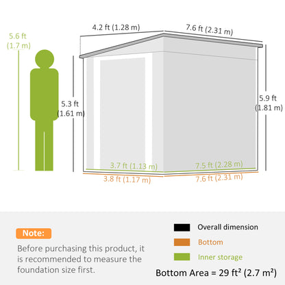 Outsunny 7.6 x 4ft Lean to Garden Metal Shed, Outdoor Storage Shed with Window, 2 Vents and Lockable Door for Garden, Dark Grey