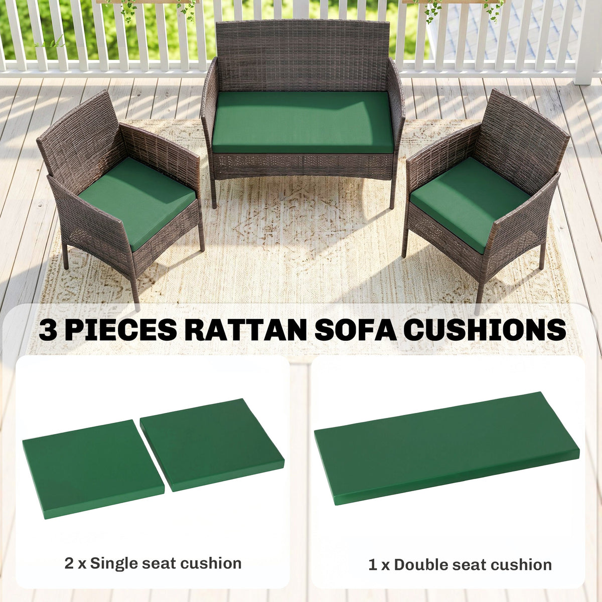 Outsunny Outdoor Seat Cushion Pads for Rattan Furniture, 3 PCs Garden Furniture Cushions, Green
