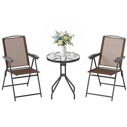 Outsunny 3 Piece Outdoor Bistro Set, Patio Conversation Furniture Set with 2 Folding Backrest Adjustable Armchairs and Glass Top Coffee Table, Brown
