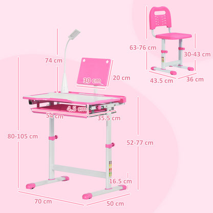 HOMCOM Kids Study Desk and Chair Set w/ Adjustable Height, Storage, Drawer, Pink