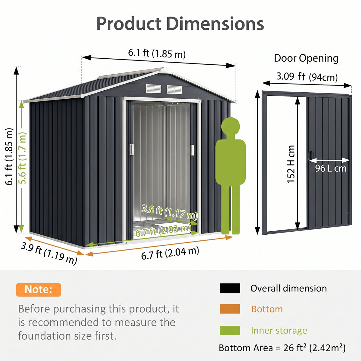 Outsunny 7 x 4ft Weatherproof Shed, Outdoor Bike Storage Shed with Ventilation Slots, Foundation Kit and Lockable Double Doors, Dark Grey