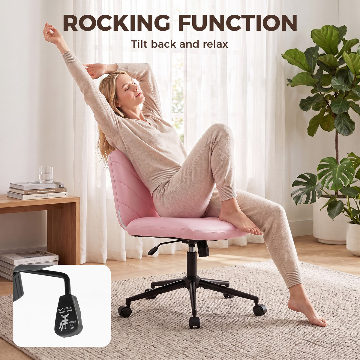HOMCOM Home Office Desk Chair Height Adjustable Swivel Chair Cross Legged Wide Seat Swivel Wheels Pink