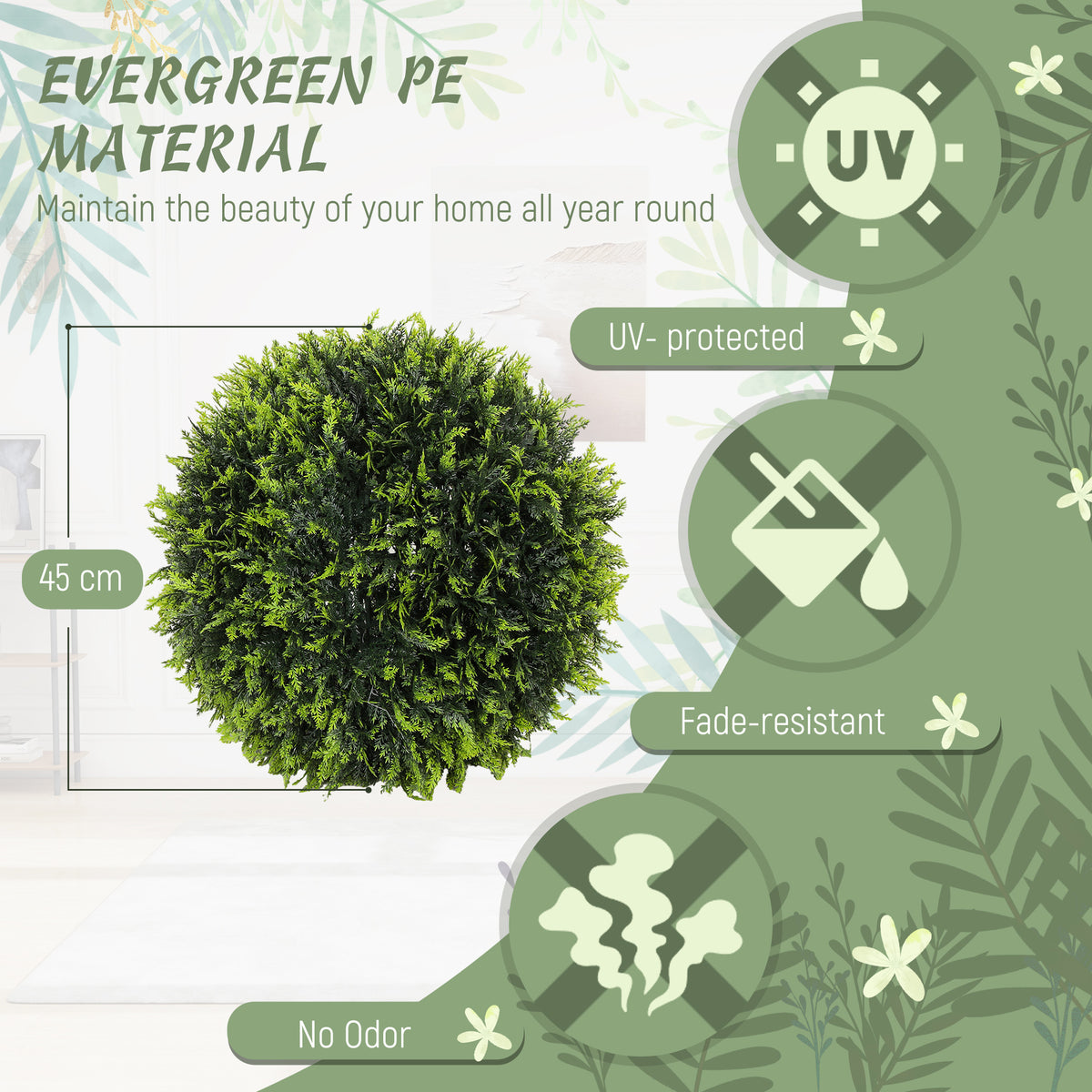 HOMCOM Set of 2 Artificial Plant Topiary Balls, UV-Protected Fake Decorative Plants, Faux Home Indoor Outdoor Decor, 45cm, Green