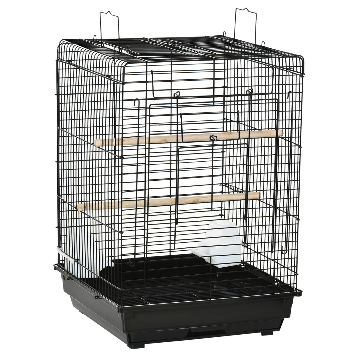 PawHut Steel Bird Cage with Openable Top, Stand, Tray, Handles, Feeding Bowls for Parakeet Cockatiel - Black
