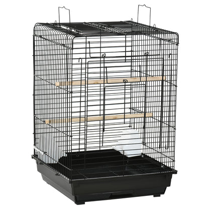 PawHut Steel Bird Cage with Openable Top, Stand, Tray, Handles, Feeding Bowls for Parakeet Cockatiel - Black