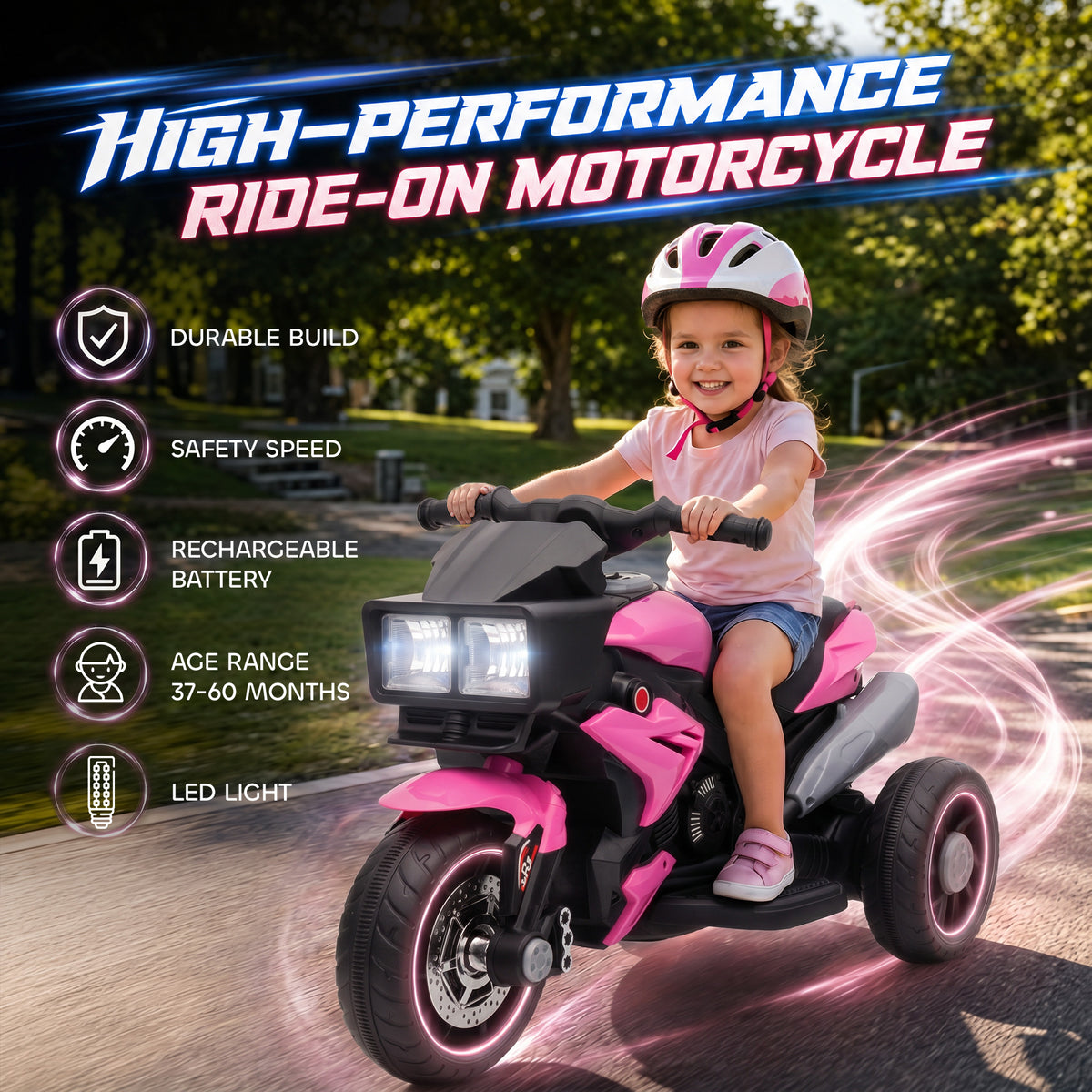 AIYAPLAY Kids Electric Motorcycle Ride-On Toy, 3-Wheel Battery-Operated Motorbike with Horn, Toddler Ride On Bike, Pink