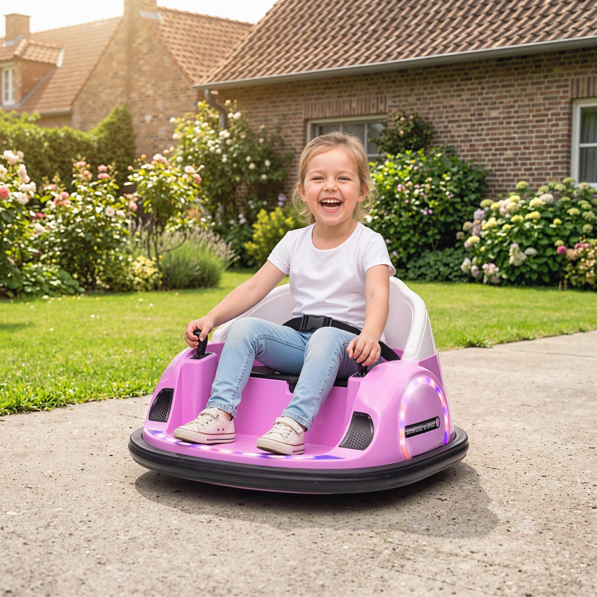 AIYAPLAY 360° Rotation Kids Bumper Car, 12V Waltz Car with Remote Control, Dual Joystick, Music, Lights, Pink