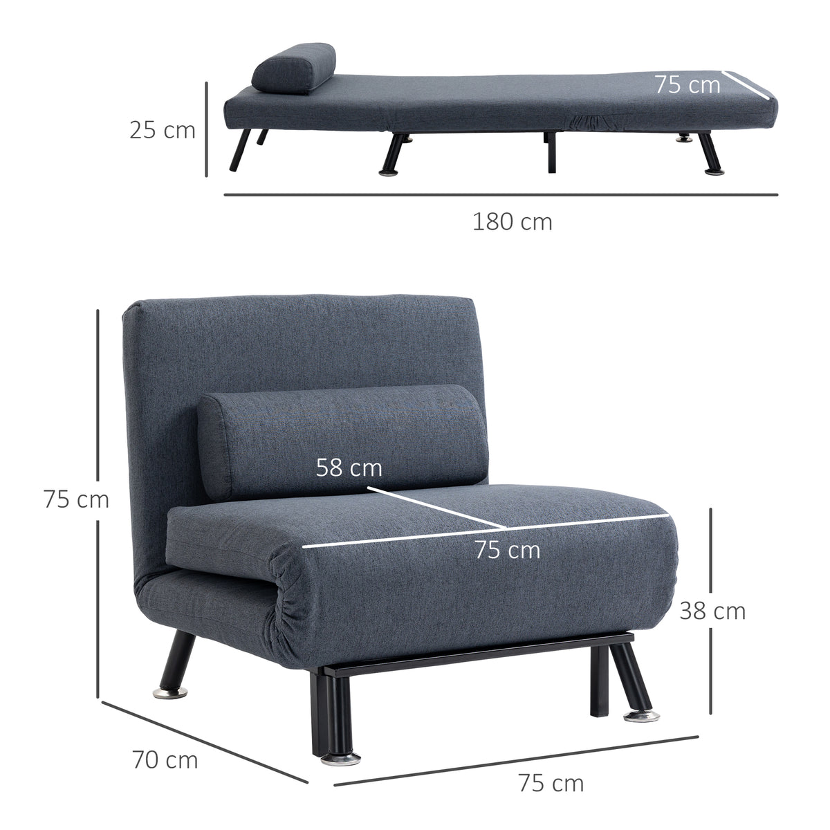 HOMCOM Single Sofa Chair Bed, Linen Fabric 3-in-1 Convertible Sleeper Chair with 5-Position Adjustable Backrest, 75cm Wide Seat, Pillow for Living Room, Bedroom, Black