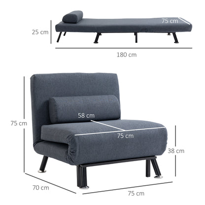 HOMCOM Single Sofa Chair Bed, Linen Fabric 3-in-1 Convertible Sleeper Chair with 5-Position Adjustable Backrest, 75cm Wide Seat, Pillow for Living Room, Bedroom, Black