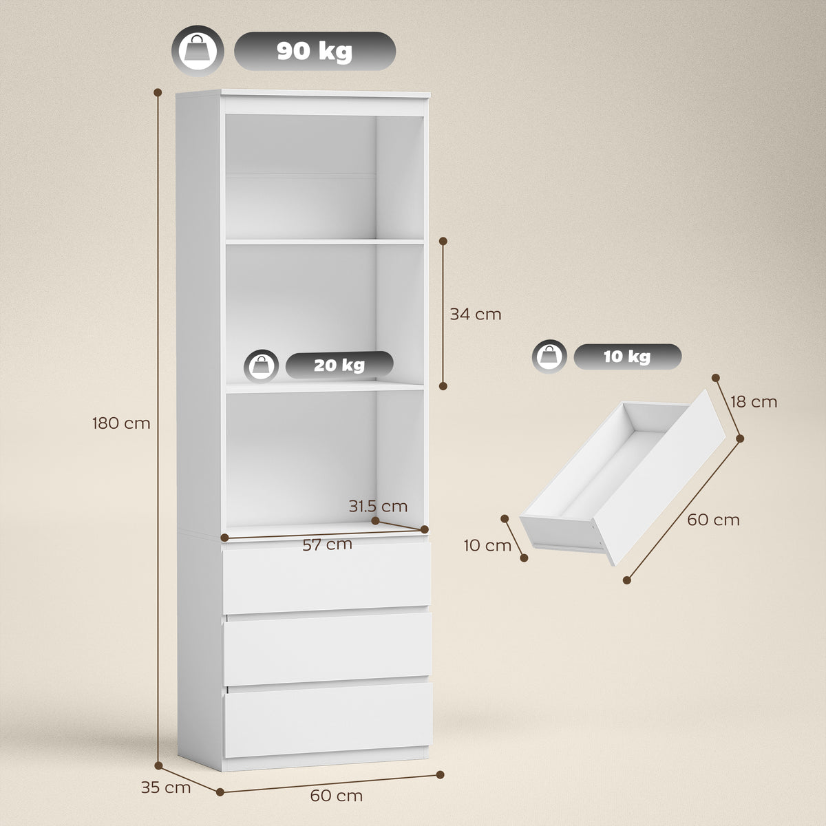 HOMCOM 180cm Tall Bookcase, with Shelves and Drawers - White
