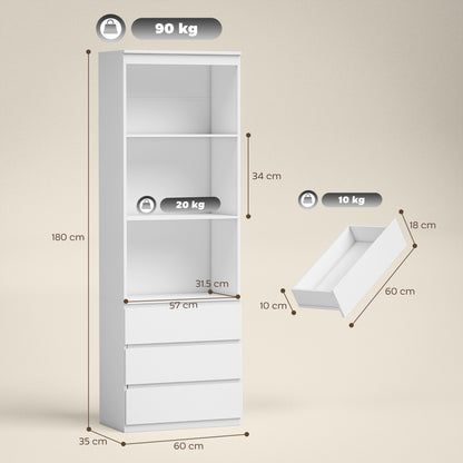 HOMCOM 180cm Tall Bookcase, with Shelves and Drawers - White