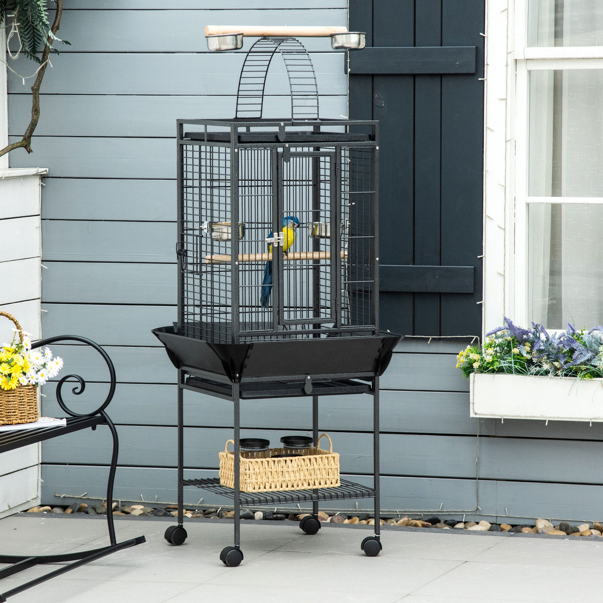 PawHut 156cm Bird Cage, Parrot Cage with Open Play Top, Perch, Seed Guard, Wheels, Storage Shelf, Dark Grey