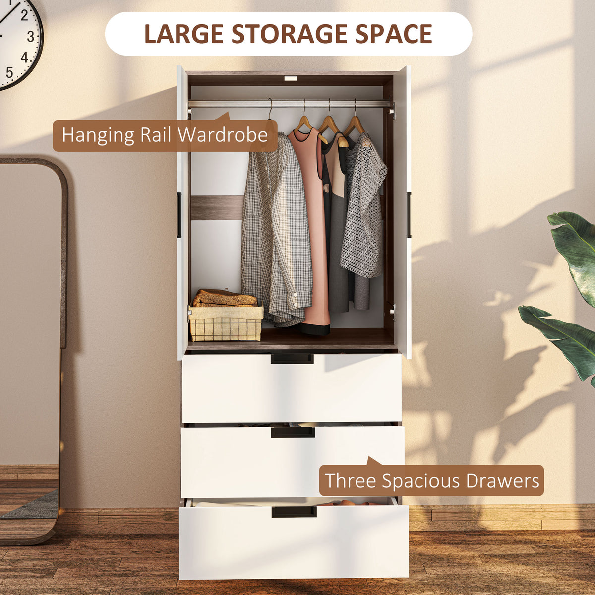 HOMCOM Modern Clothes Storage Cupboard Unit, 3 Drawer 2 Door Wardrobe with Hanging Rod, White/Brown