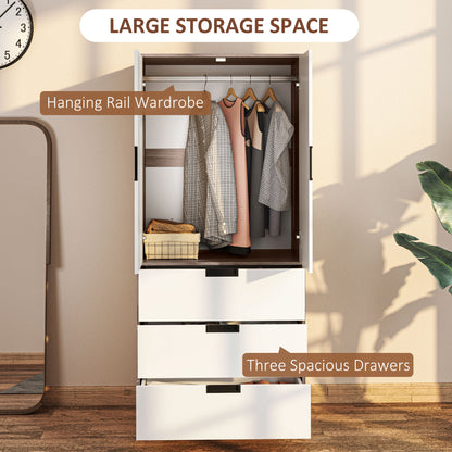 HOMCOM Modern Clothes Storage Cupboard Unit, 3 Drawer 2 Door Wardrobe with Hanging Rod, White/Brown