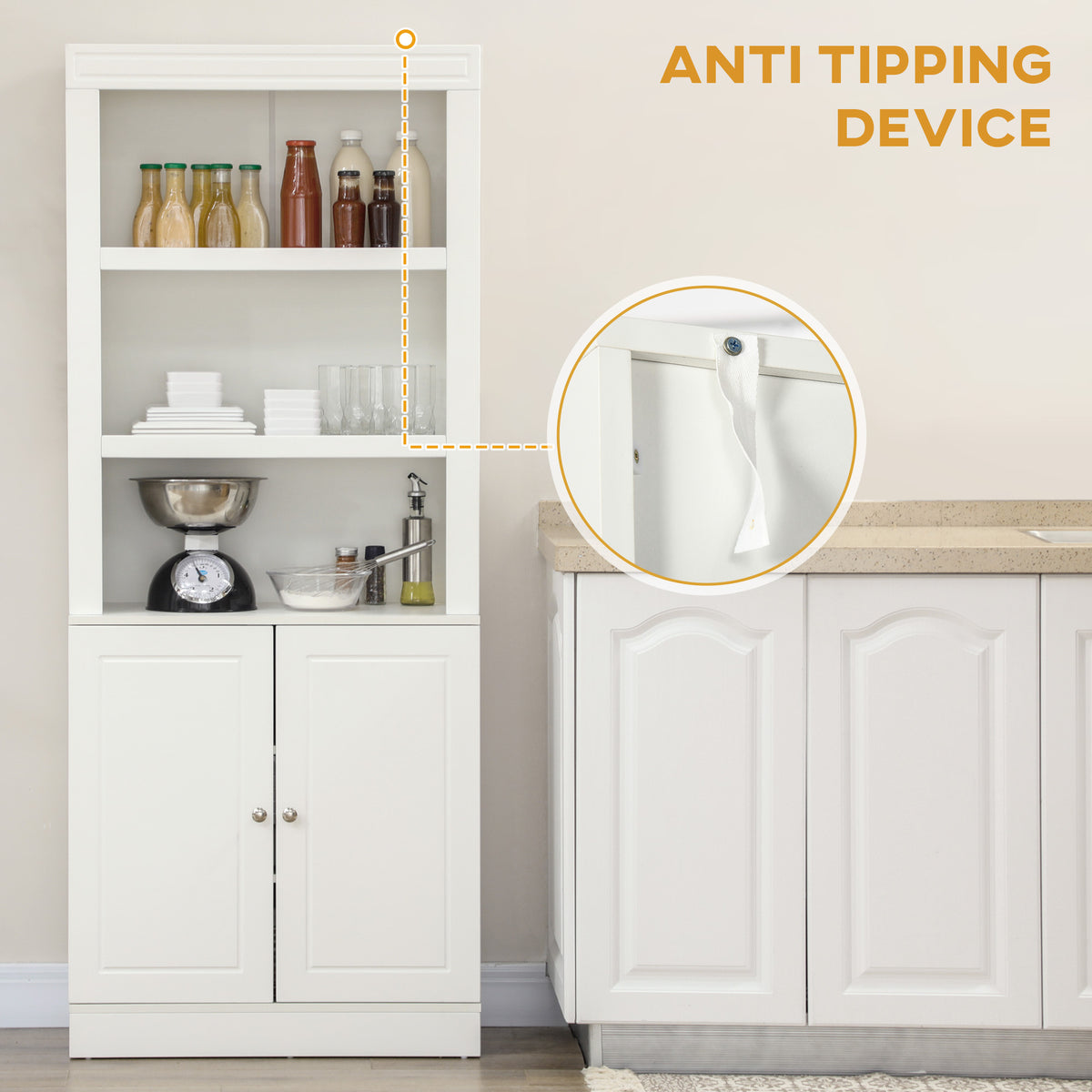 HOMCOM Kitchen Cupboard with 6-tier Shelving, Freestanding Storage Cabinet Sideboard, Pantry Cupboard with 3 Open Compartments and Double-door Cabinet with Adjustable Shelves, White
