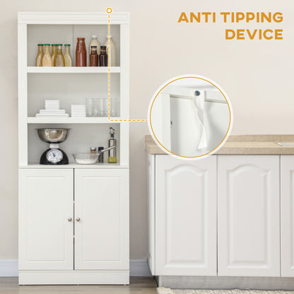 HOMCOM Kitchen Cupboard with 6-tier Shelving, Freestanding Storage Cabinet Sideboard, Pantry Cupboard with 3 Open Compartments and Double-door Cabinet with Adjustable Shelves, White